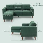 Sectional Sofa with Changeable Chaise Lounge, 3 Seat L-Shaped Sofa, Upholstered Couch for Small Space, Dark Green