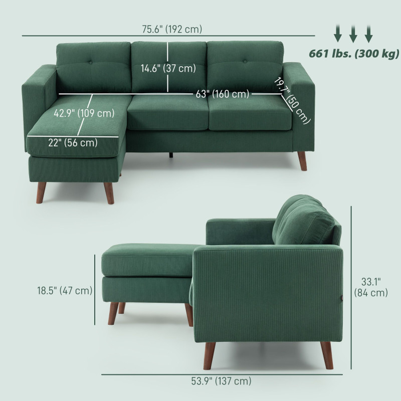 Sectional Sofa with Changeable Chaise Lounge, 3 Seat L-Shaped Sofa, Upholstered Couch for Small Space, Dark Green