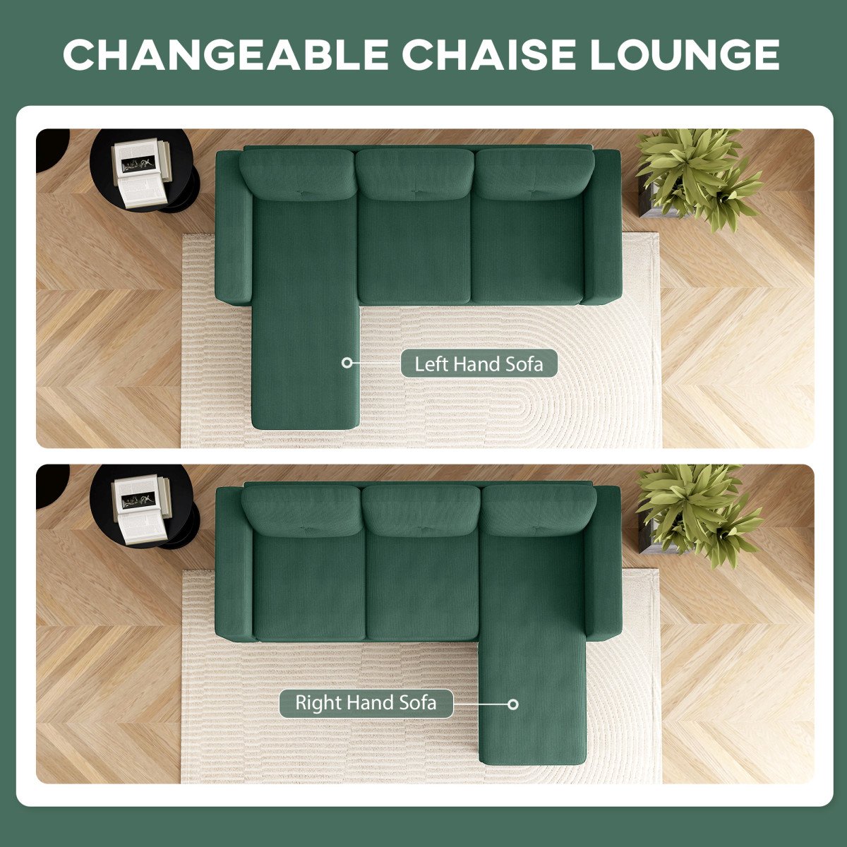 Sectional Sofa with Changeable Chaise Lounge, 3 Seat L-Shaped Sofa, Upholstered Couch for Small Space, Dark Green