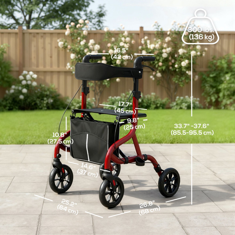 Foldable Rollator Walker with Seat for Seniors, Lightweight Rolling Walker with Adjustable Handles, Red