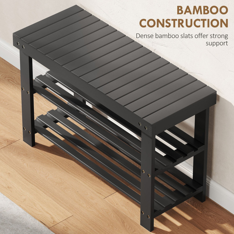 Bamboo Shoe Storage Bench, 3-Tier Entryway Bench with 2 Storage Shelves for Hallway, Holds 6 Pairs, Black