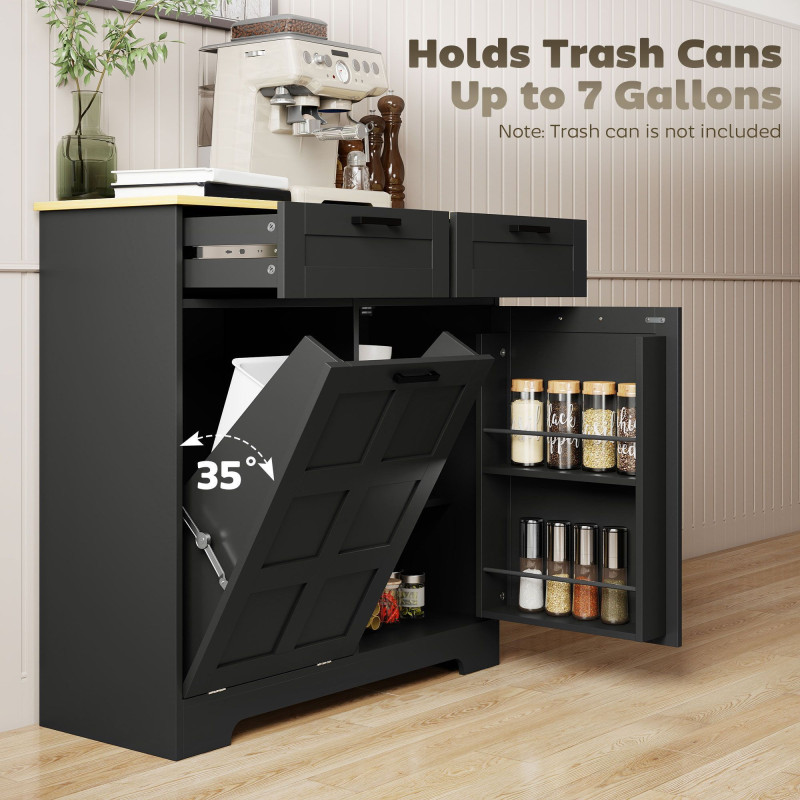 7 Gallon Tilt Out Garbage Cabinet, Kitchen Island with Trash Cabinet, 2 Drawers, Door Racks, Adjustable Shelves, Black