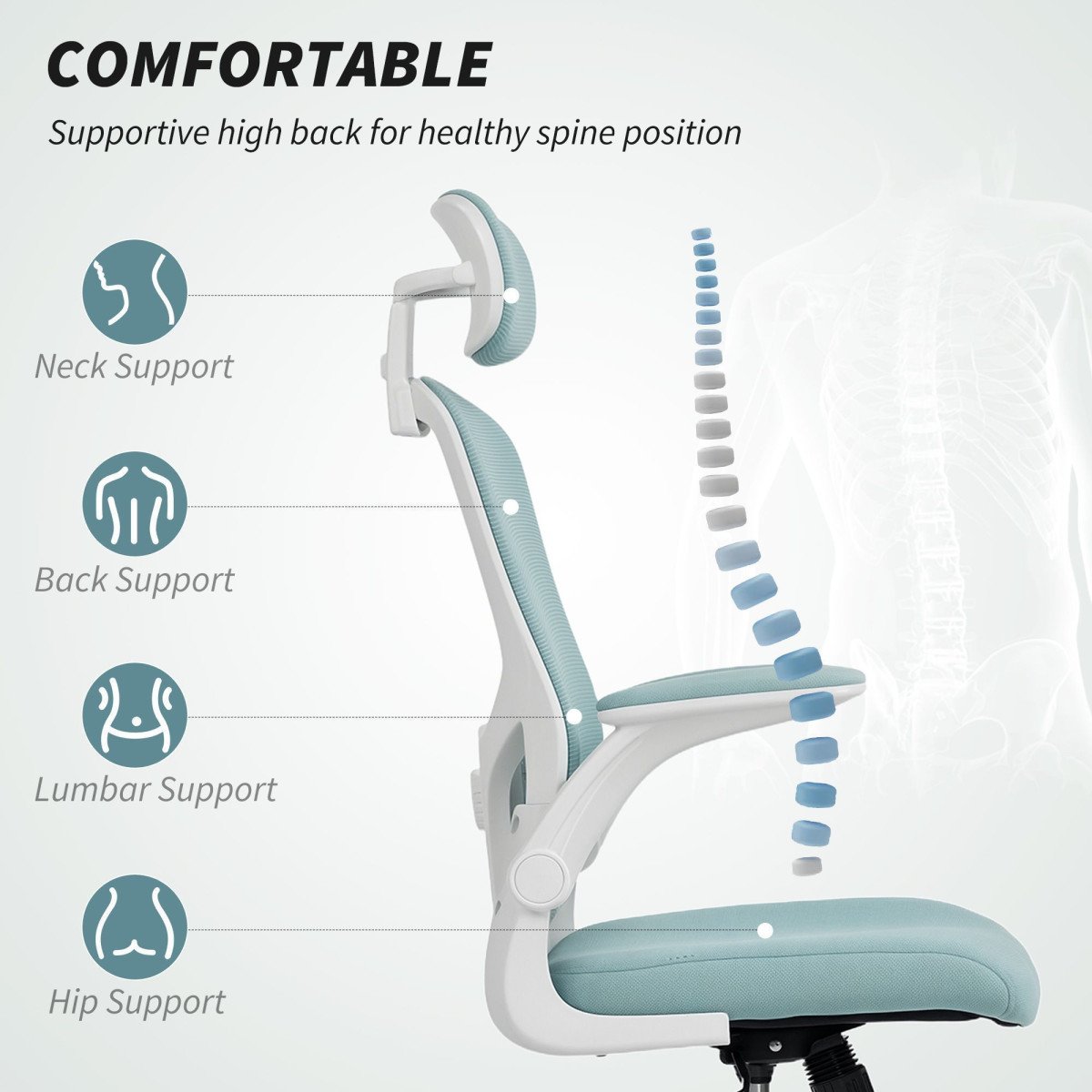 Ergonomic Office Chair, Mesh Desk Chair with Adjustable Headrest, Lumbar Support and Height, Tilt Function, Light Green
