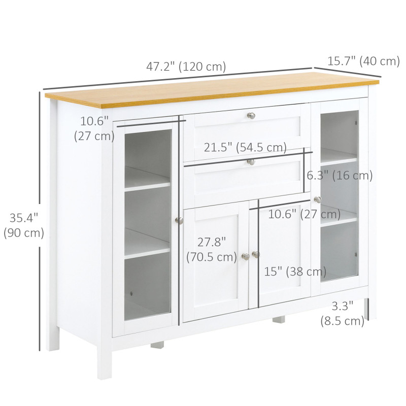 Buffet Cabinet Sideboard with 2 Drawers, 3 Storage Cabinets, Glass Doors and Adjustable Shelves, White