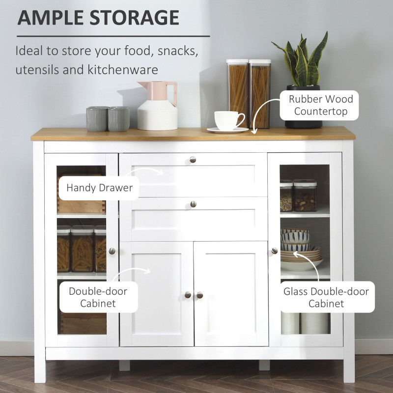 Buffet Cabinet Sideboard with 2 Drawers, 3 Storage Cabinets, Glass Doors and Adjustable Shelves, White