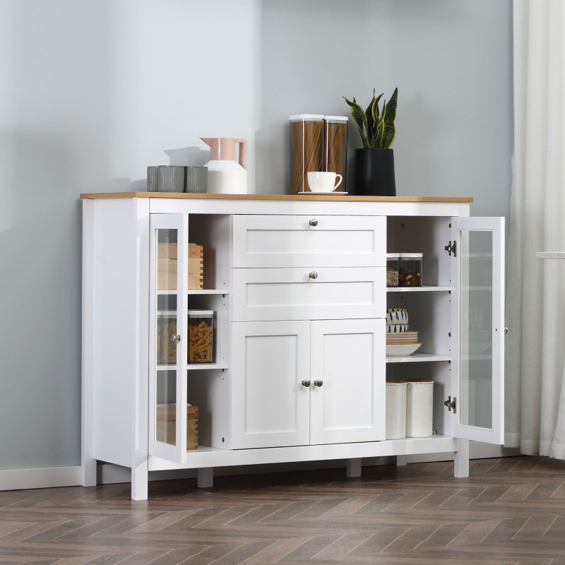Buffet Cabinet Sideboard with 2 Drawers, 3 Storage Cabinets, Glass Doors and Adjustable Shelves, White