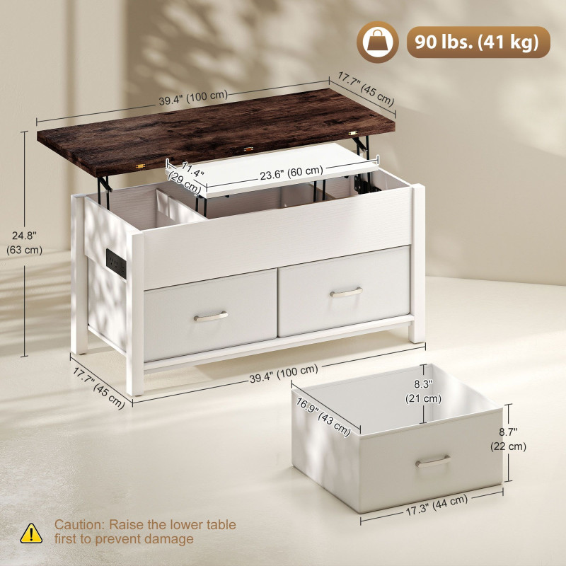 Lift Top Coffee Table, Center Table with 3 Hidden Compartments, 2 Fabric Drawers, Expandable Top and Charging Station