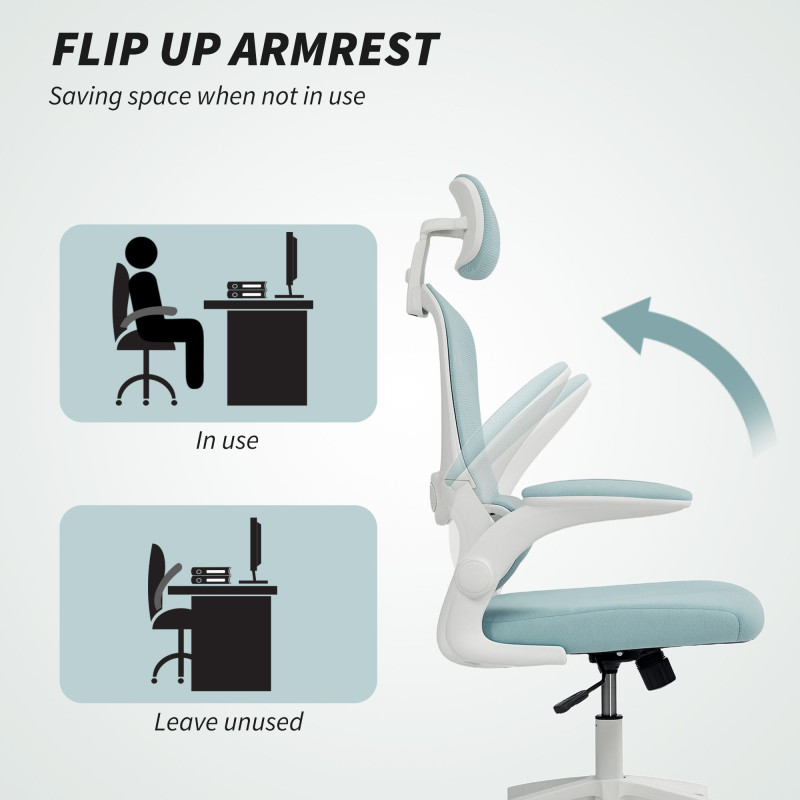 Ergonomic Mesh Office Chair, High Back Desk Chair with Rotatable Headrest, Flip-Up Armrests, Lumbar Support, Light Green