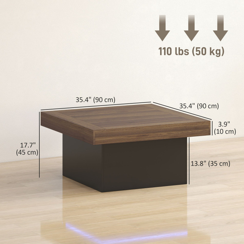 Square Coffee Table with 16-Colour LED Lights, 35-inch Modern Center Table for Living Room, Walnut