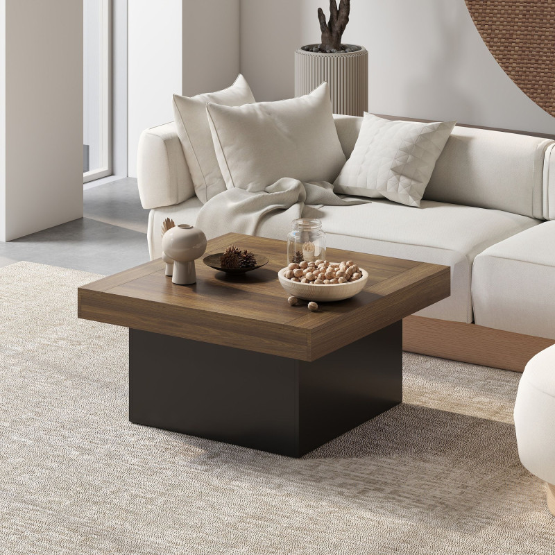 Square Coffee Table with 16-Colour LED Lights, 35-inch Modern Center Table for Living Room, Walnut