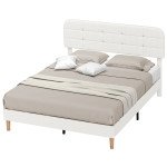 Queen Size Bed Frame with Adjustable Headboard Upholstered Platform Bed Frame with Wood Slat Support Noise Free White