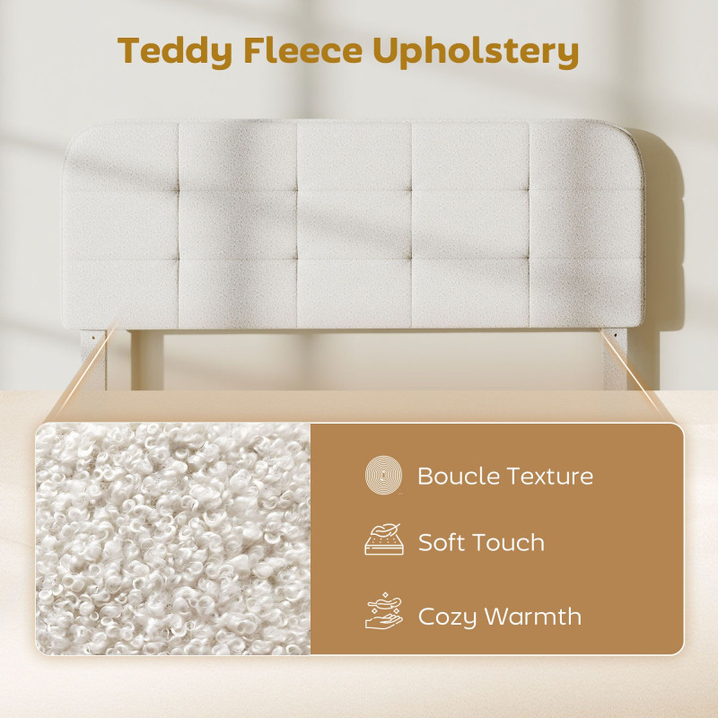 Queen Size Bed Frame with Adjustable Headboard Upholstered Platform Bed Frame with Wood Slat Support Noise Free White