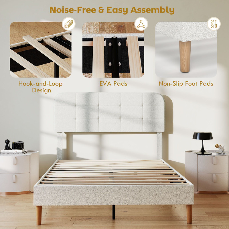 Queen Size Bed Frame with Adjustable Headboard Upholstered Platform Bed Frame with Wood Slat Support Noise Free White