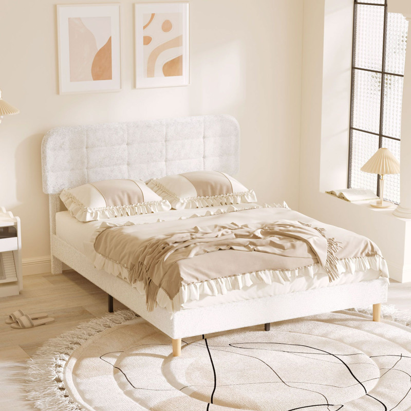 Queen Size Bed Frame with Adjustable Headboard Upholstered Platform Bed Frame with Wood Slat Support Noise Free White