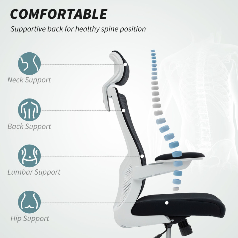 Ergonomic Office Chair, Swivel Desk Chair with Adjustable Lumbar Support, Headrest and Height, Flip-up Armrests, Black