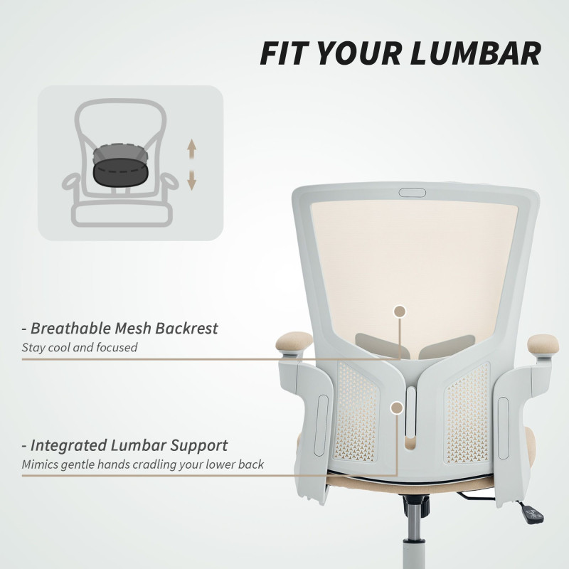 Ergonomic Office Chair, Swivel Desk Chair with Adjustable Lumbar Support and Height, Flip-up Armrests, Wheels, Beige