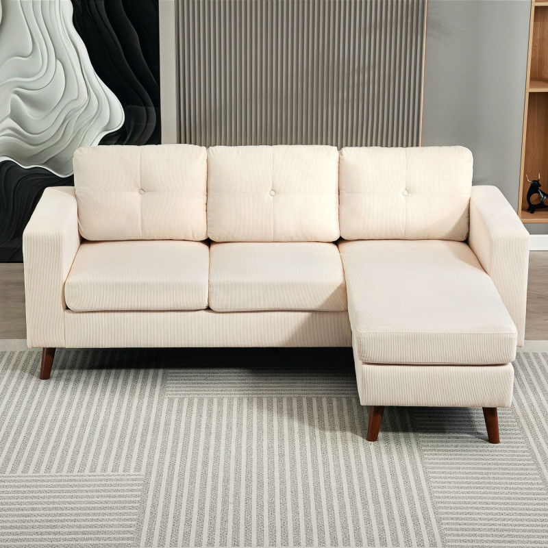 Sectional Sofa with Changeable Chaise Lounge, 3 Seat L-Shaped Sofa, Upholstered Couch for Small Space, Cream White