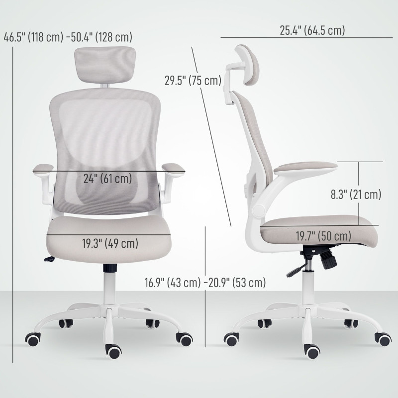 Ergonomic Office Chair, Mesh Desk Chair with Adjustable Headrest, Lumbar Support and Height, Flip-Up Armrests, Grey