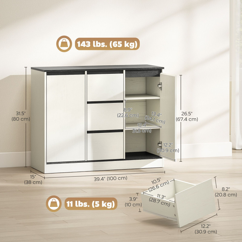 Buffet Cabinet with Soft-Close Hinges, Modern Sideboard with 3 Drawers and 2 Adjustable Shelves, White Wood Grain