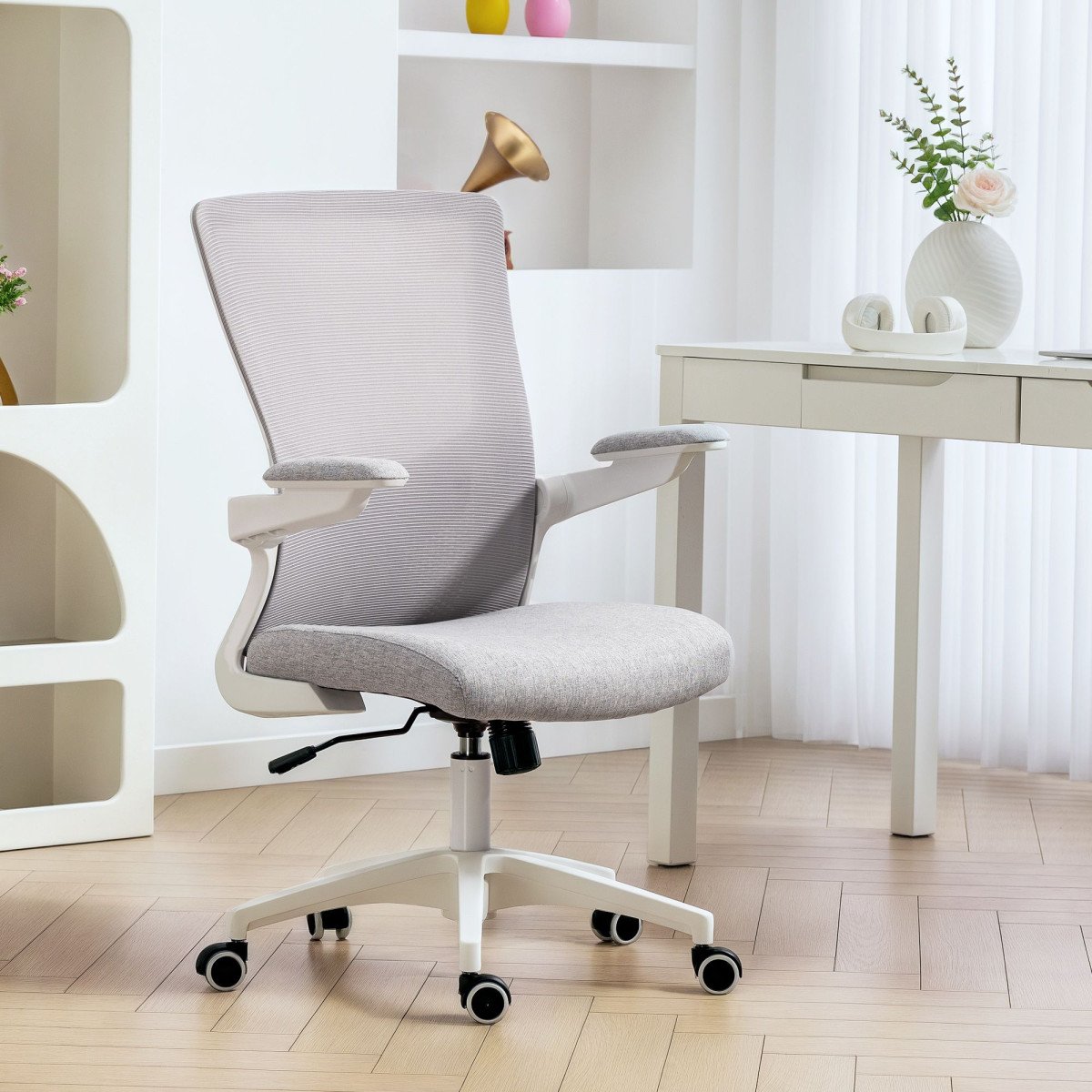 Ergonomic Office Chair, Swivel Desk Chair with Adjustable Lumbar Support and Height, Flip-up Armrests, Wheels, Grey