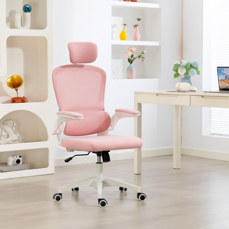 Ergonomic Mesh Office Chair, High Back Desk Chair with Rotatable Headrest, Flip-Up Armrests, Lumbar Support, Pink