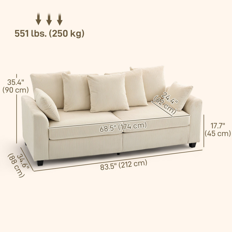 Corduroy Couch, 3 Seater Sofa, Modern Upholstered Couch with Curved Armrests and 8 Removable Pillows, Beige