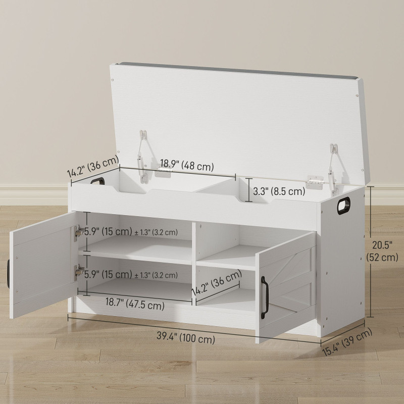 Shoe Storage Bench, Entryway Bench with 2-Tier Cabinet, Flip-Top Storage, Padded Cushion for Hallway, White