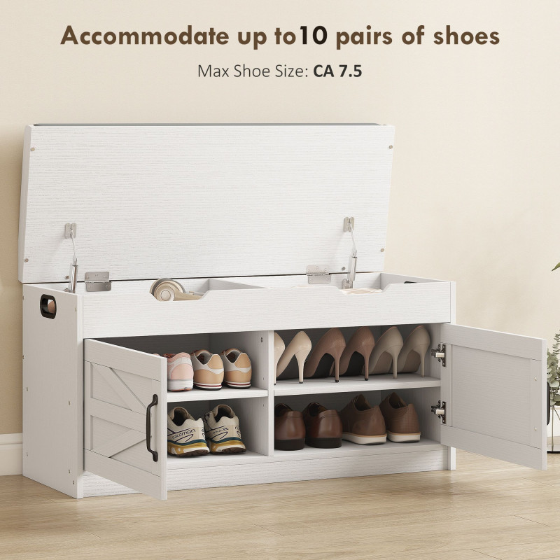Shoe Storage Bench, Entryway Bench with 2-Tier Cabinet, Flip-Top Storage, Padded Cushion for Hallway, White