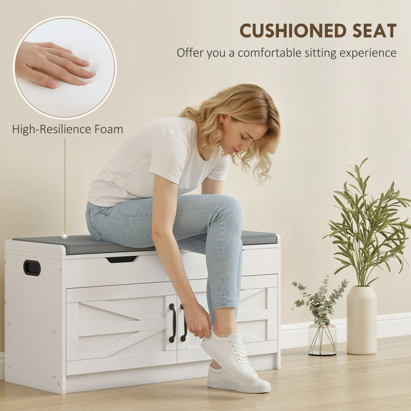 Shoe Storage Bench, Entryway Bench with 2-Tier Cabinet, Flip-Top Storage, Padded Cushion for Hallway, White