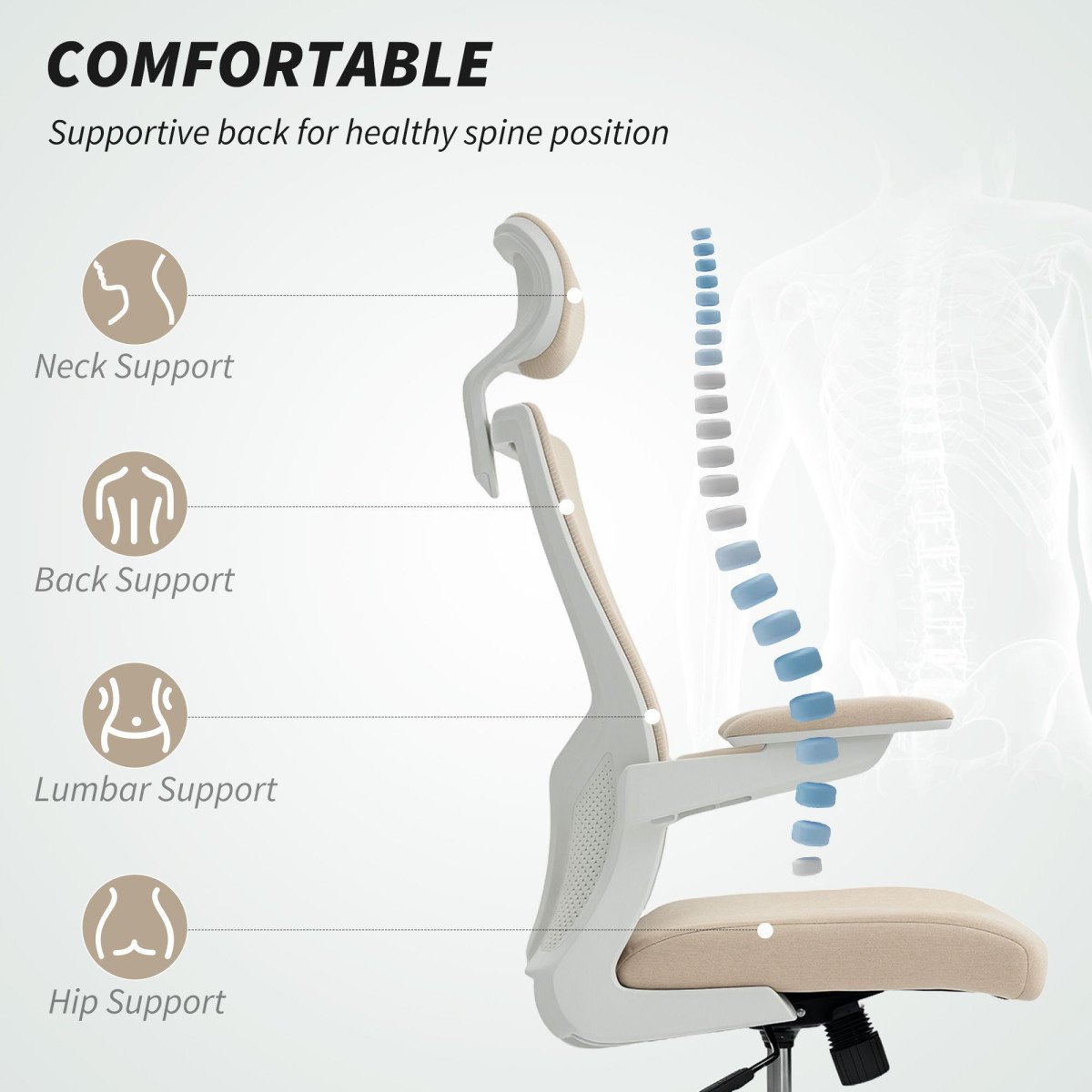 Ergonomic Office Chair, Swivel Desk Chair with Adjustable Lumbar Support, Headrest and Height, Flip-up Armrests, Beige