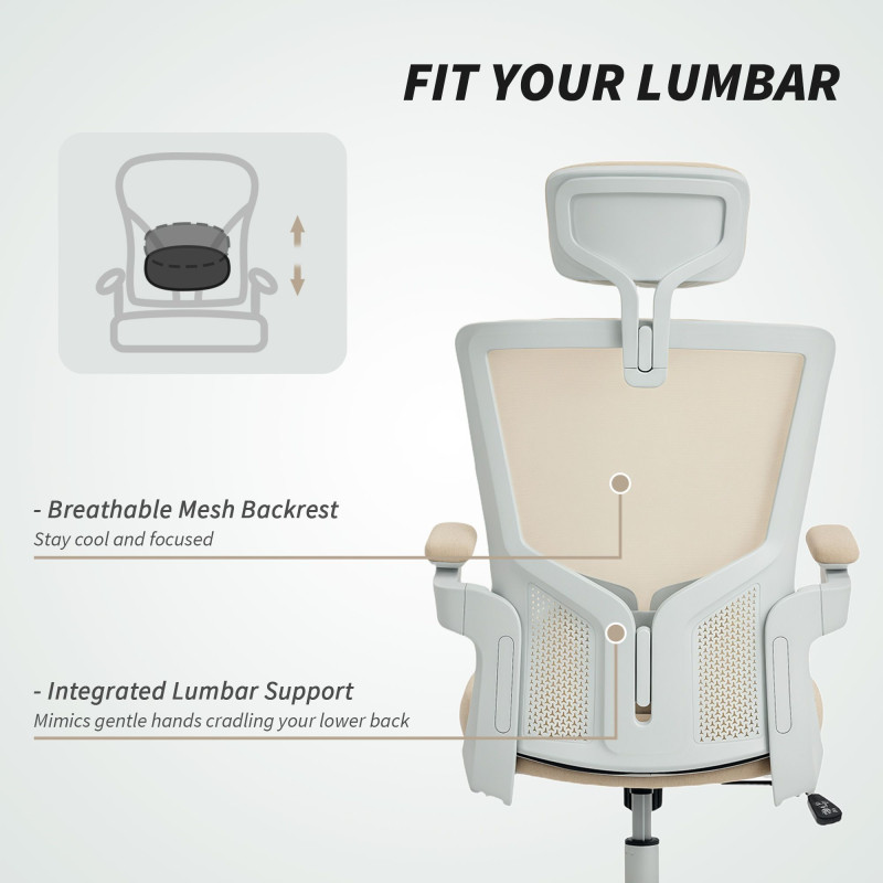 Ergonomic Office Chair, Swivel Desk Chair with Adjustable Lumbar Support, Headrest and Height, Flip-up Armrests, Beige