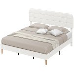 King Size Bed Frame with Adjustable Headboard Upholstered Platform Bed Frame with Wood Slat Support Noise Free White