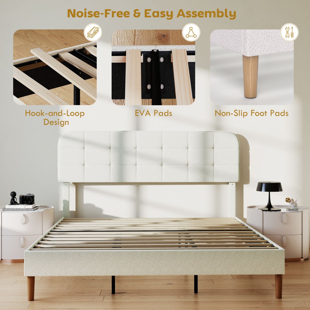 King Size Bed Frame with Adjustable Headboard Upholstered Platform Bed Frame with Wood Slat Support Noise Free White
