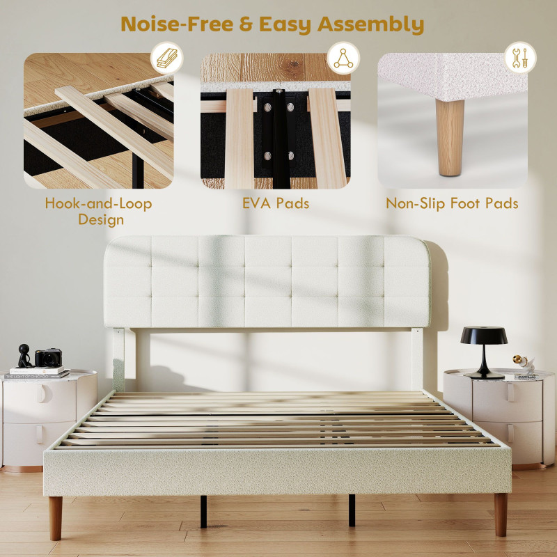 King Size Bed Frame with Adjustable Headboard Upholstered Platform Bed Frame with Wood Slat Support Noise Free White