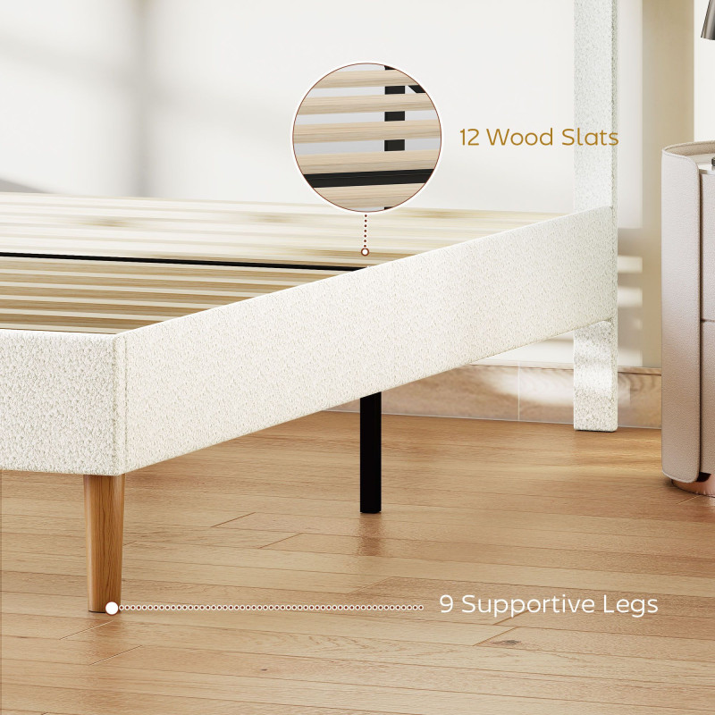 King Size Bed Frame with Adjustable Headboard Upholstered Platform Bed Frame with Wood Slat Support Noise Free White
