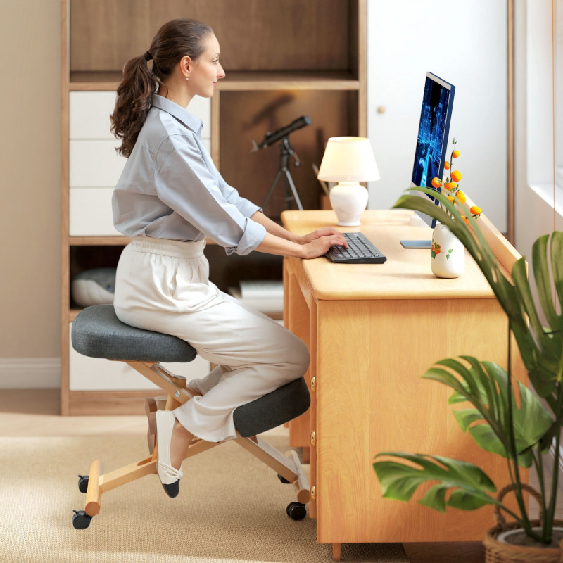 Ergonomic Kneeling Chair, Posture Chair with Rubberwood Frame, Wheels for Office, Posture Correction, Dark Grey