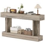 63 Inch Long Console Table, Vintage Narrow Entryway Table with Storage Shelf for Living Room and Hallway, Light Brown