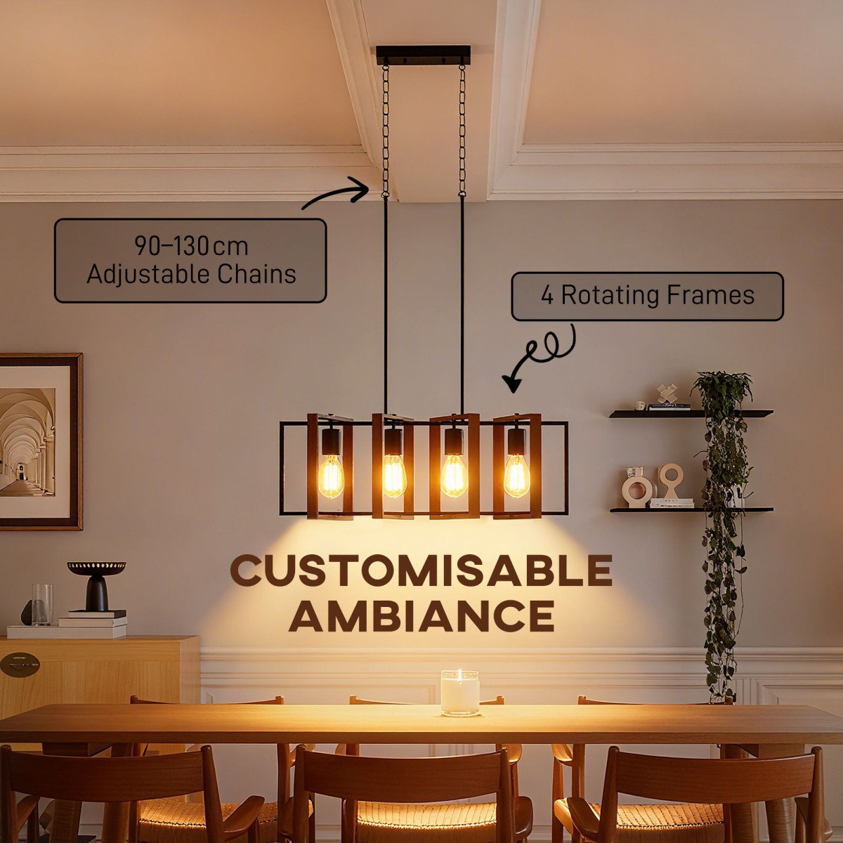 Farmhouse Kitchen Island Lighting, Linear Pendant Light with 4 Rotatable Frames and Adjustable Height, Walnut