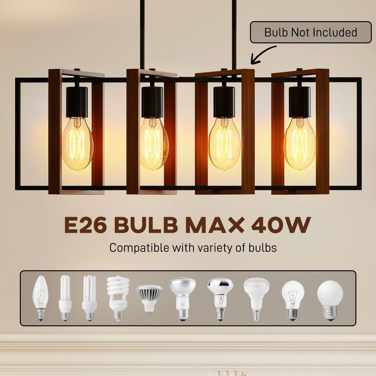 Farmhouse Kitchen Island Lighting, Linear Pendant Light with 4 Rotatable Frames and Adjustable Height, Walnut