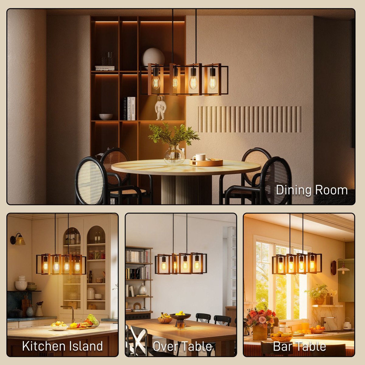 Farmhouse Kitchen Island Lighting, Linear Pendant Light with 4 Rotatable Frames and Adjustable Height, Walnut