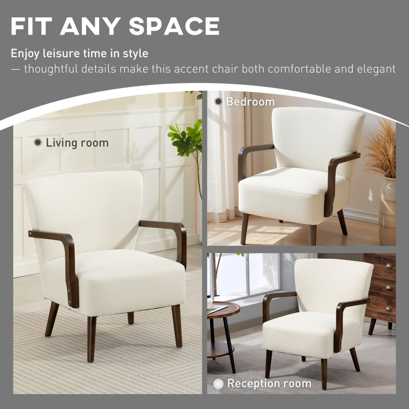 Accent Chair with Wooden Legs, Linen Fabric Armchair with Thick Padding, Comfy Chair for Living Room, Cream White