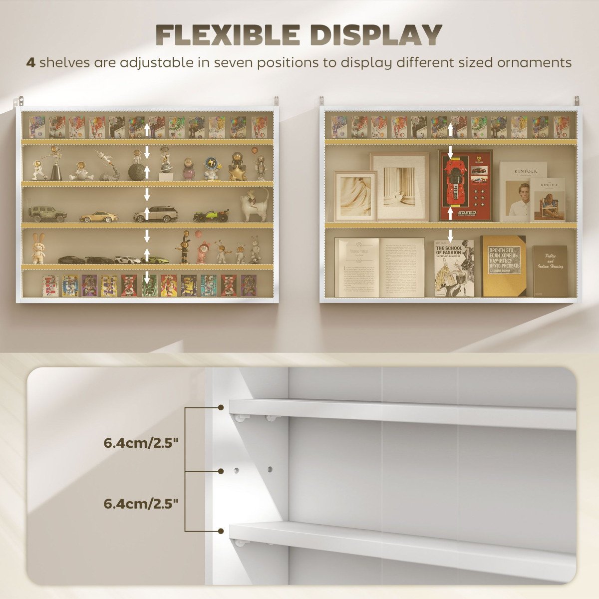 5-Tier Display Cabinet, Shot Glass Display Case, Glass Curio Cabinet with 2 Glass Doors and 4 Adjustable Shelves, White