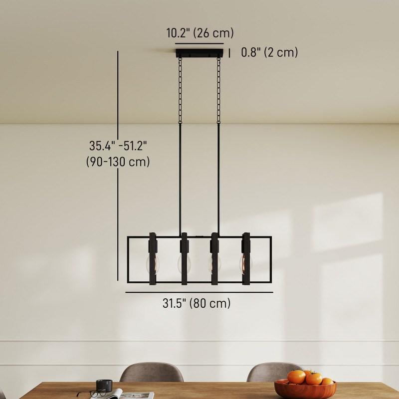 Farmhouse Kitchen Island Lighting, Linear Pendant Light with 4 Rotatable Frames and Adjustable Height, Black