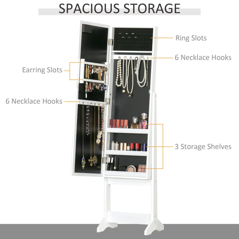 Free Standing Armoire Organizer, Lighted Mirrored Jewelry Cabinet w/ Angle Adjustable & 16 LED Lights Warm White
