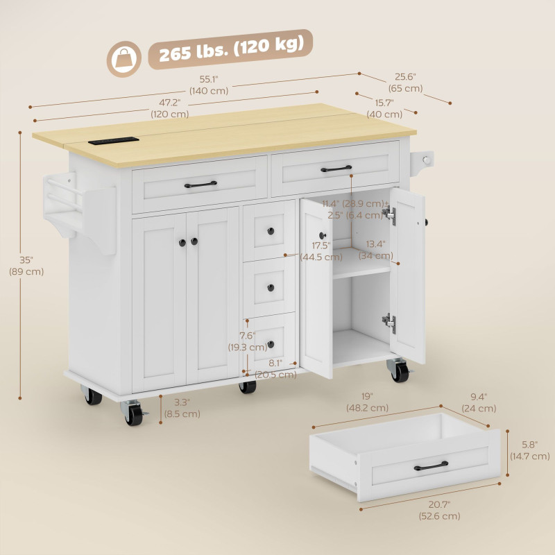 Kitchen Island Cart with Power Outlet & Drop Leaf, 55