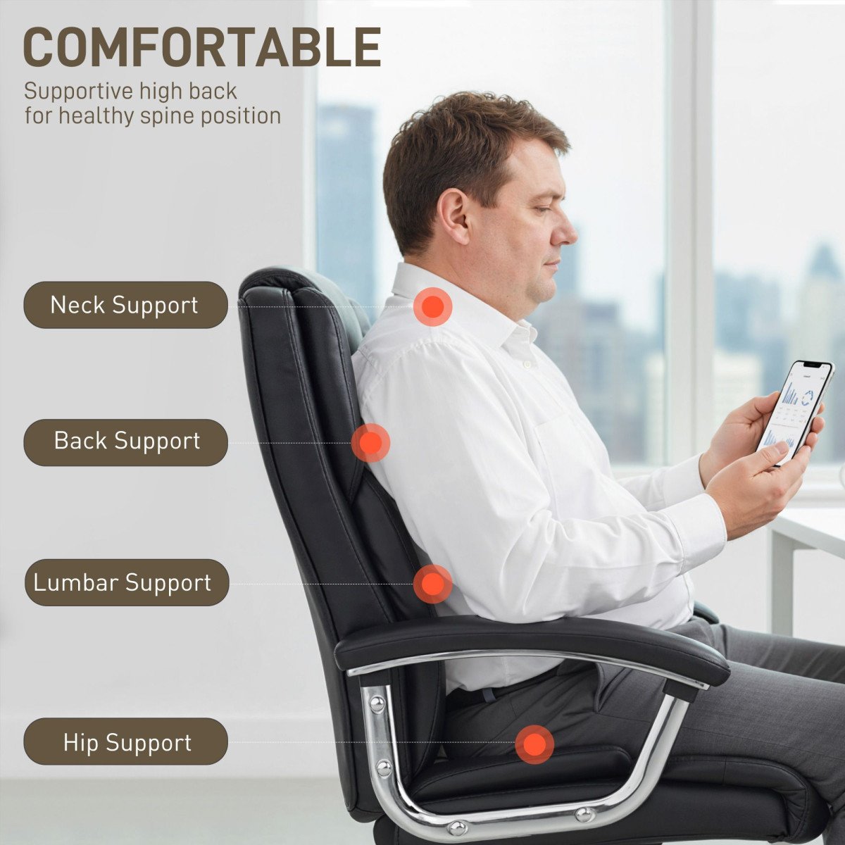 Big and Tall Office Chair 400 lbs, Desk Chair with Spring Cushion, PU Leather, High Back, Swivel Wheels, Black