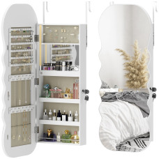 Jewelry Armoire Cabinet with Lights, Wall Mounted or Door Hanging Mirror Jewelry Cabinet with Full Length Mirror, White