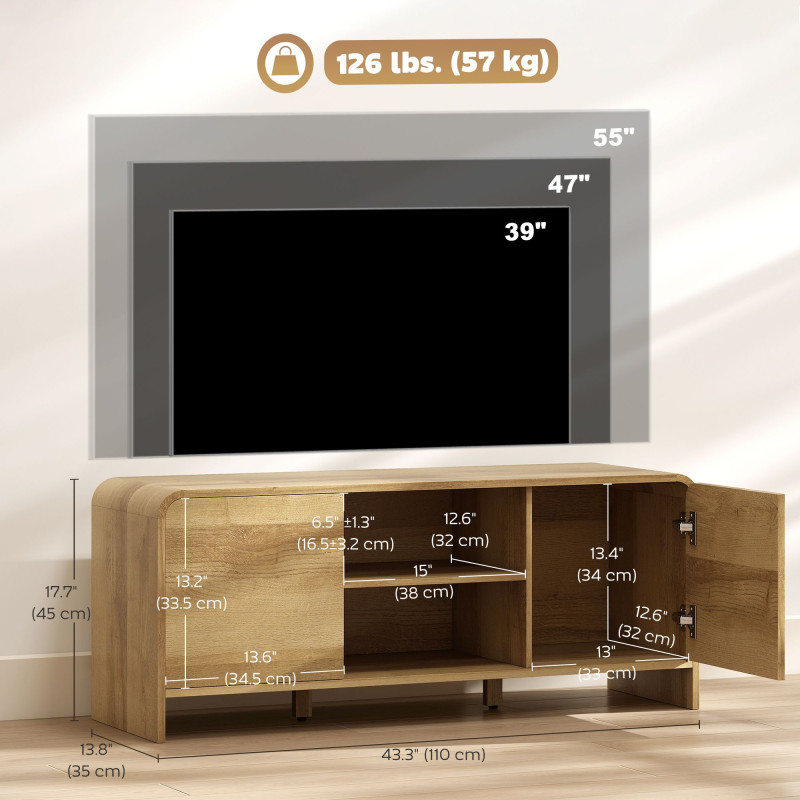TV Stand for up to 55 Inch TV, Nordic Entertainment Center with 2 Cabinets and 2 Open Shelves for Living Room, Natural Wood