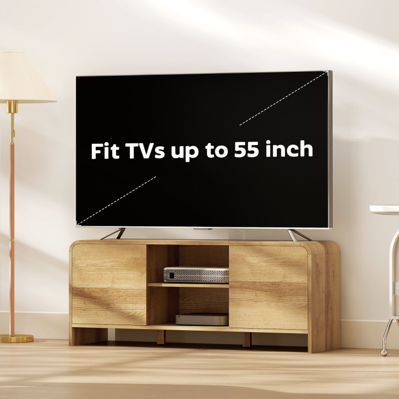 TV Stand for up to 55 Inch TV, Nordic Entertainment Center with 2 Cabinets and 2 Open Shelves for Living Room, Natural Wood
