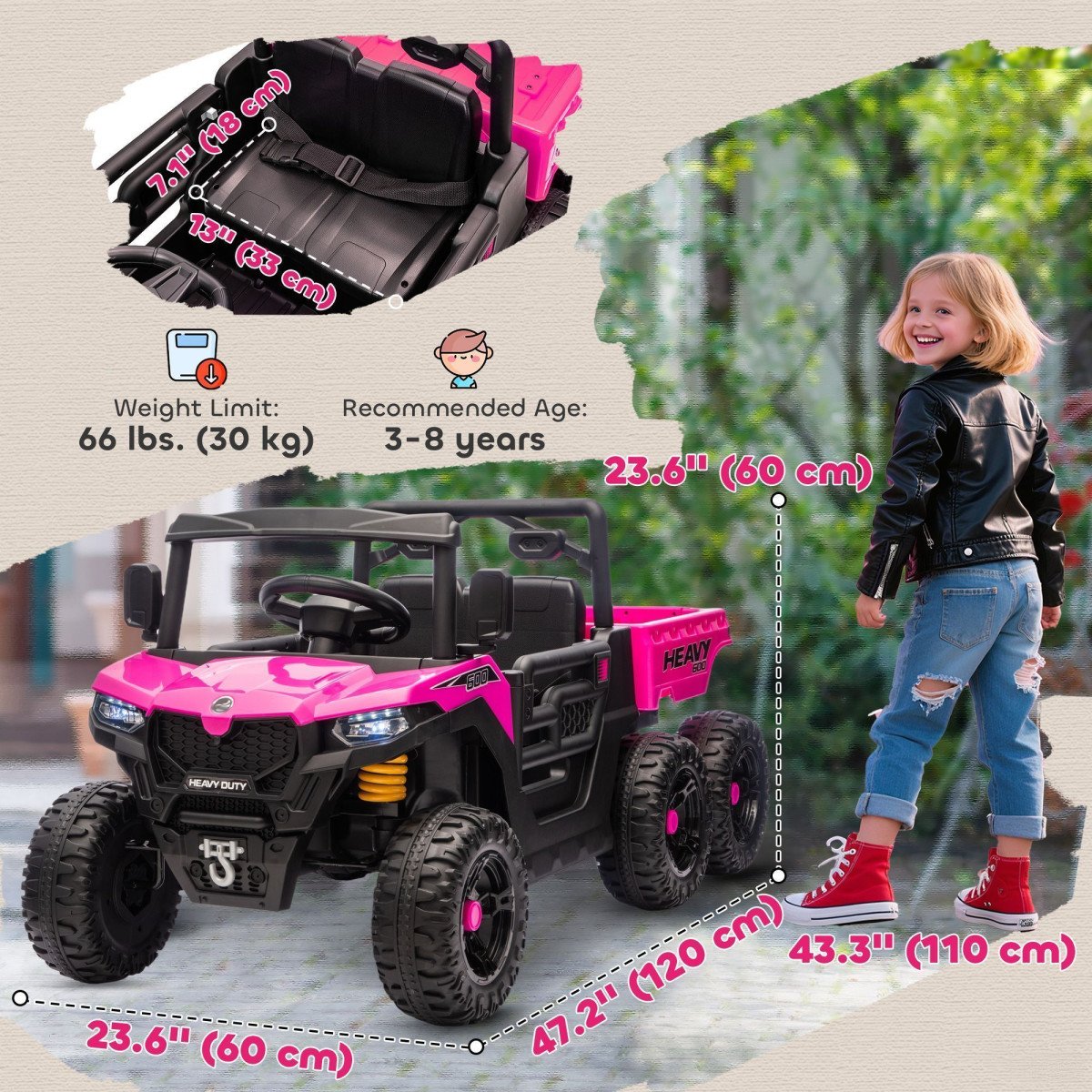 Qaba 24V 4WD Kids Ride On Truck with 6 Wheels Electric Ride On Car with Remote, Dump Bed for 3-8 Years, Pink